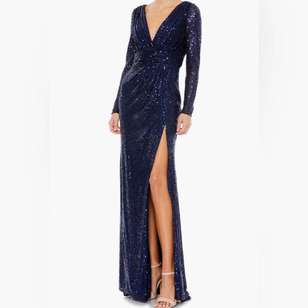 Ieena For Mac Duggal Navy Blue Sequin Long Sleeve Faux Wrap Dress in Size 8